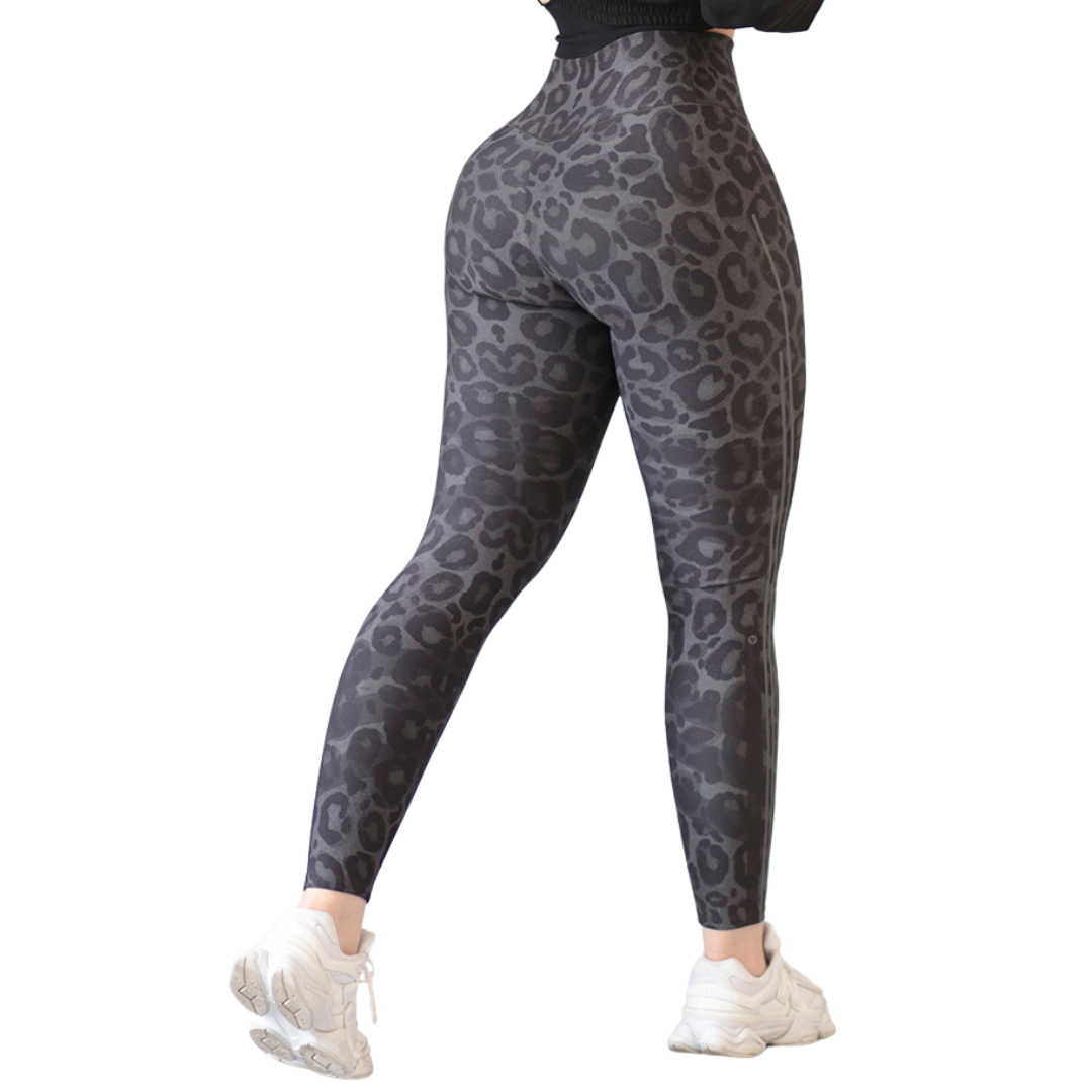 Leggings Deportivos para Mujer Fitness: Efecto Básico, Cintura Alta, Con Bolsillos Laterales, Textil Lycra Transpirable con Acabado Liso Leopardo, Color Gris | Adriana Olimpo