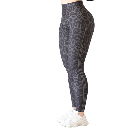 Leggings Deportivos para Mujer Fitness: Efecto Básico, Cintura Alta, Con Bolsillos Laterales, Textil Lycra Transpirable con Acabado Liso Leopardo, Color Gris | Adriana Olimpo