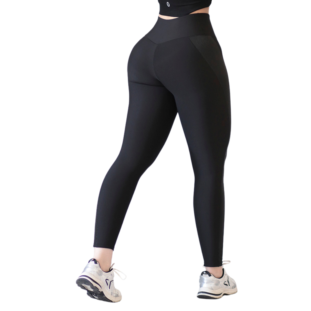 Leggings Deportivos para Mujer Fitness:  Efecto Básico, Cintura Alta, Textil Lycra Transpirable con Transparencia, Color Negro | Adriana Olimpo