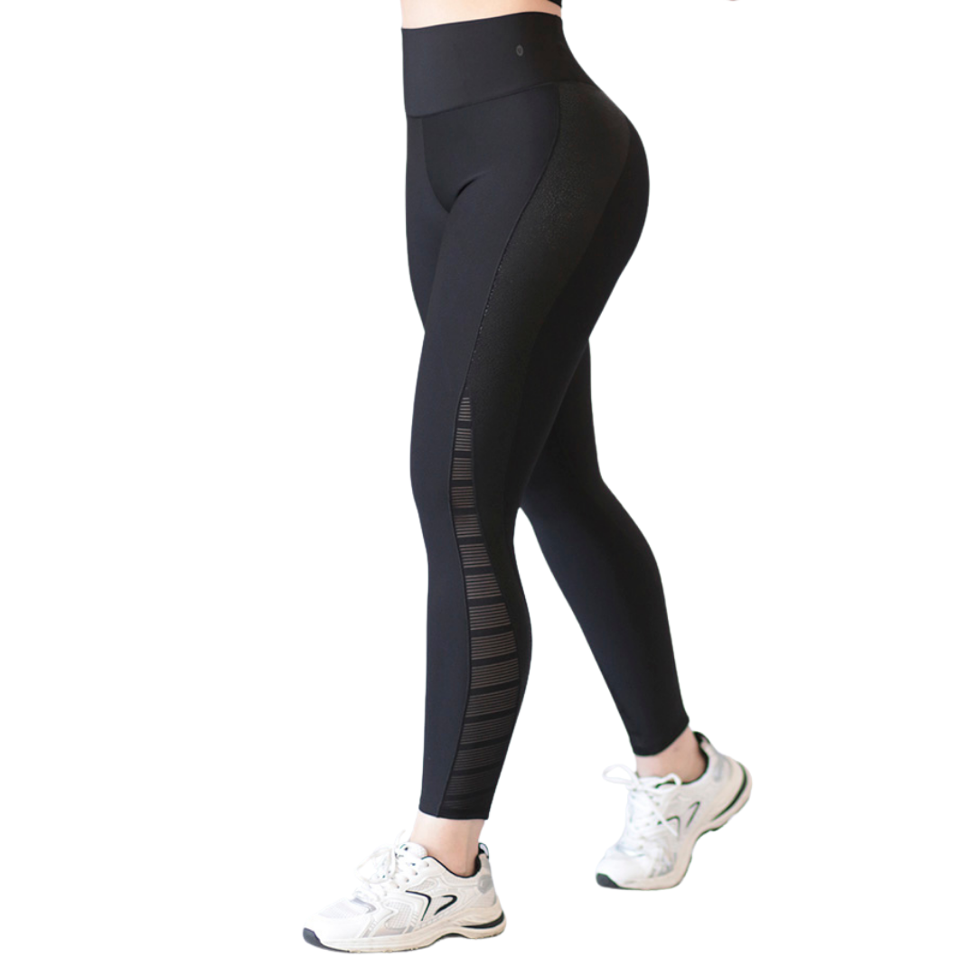 Leggings Deportivos para Mujer Fitness:  Efecto Básico, Cintura Alta, Textil Lycra Transpirable con Transparencia, Color Negro | Adriana Olimpo