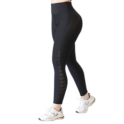 Leggings Deportivos para Mujer Fitness:  Efecto Básico, Cintura Alta, Textil Lycra Transpirable con Transparencia, Color Negro | Adriana Olimpo