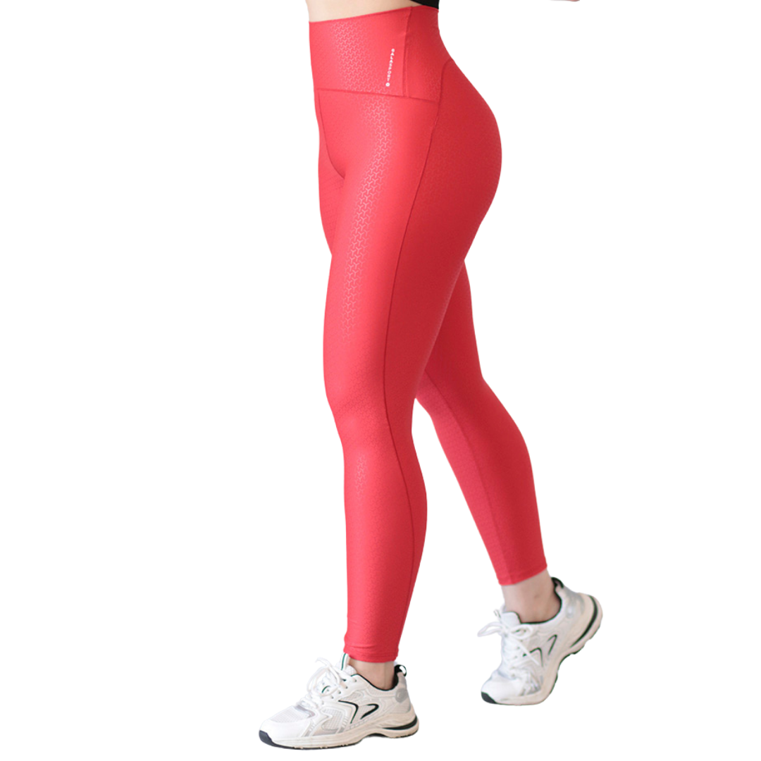 Leggings Deportivos para Mujer Fitness:  Efecto Push Up, Cintura Alta, Textil Lycra Transpirable con Destellos Reflectantes✨ y Relieves You, Color Rojo | Adriana Olimpo