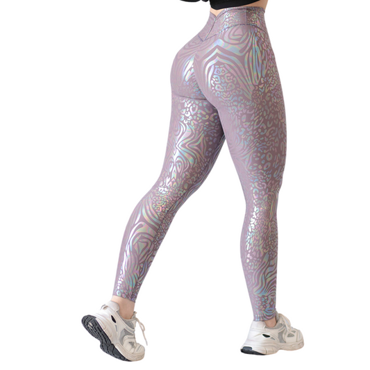 Leggings Deportivos para Mujer Fitness:  Efecto Push Up, Cintura Alta, Textil Lycra Transpirable con Destellos Reflectantes✨ y Relieves, Color Lyon Palo de Rosa | Adriana Olimpo