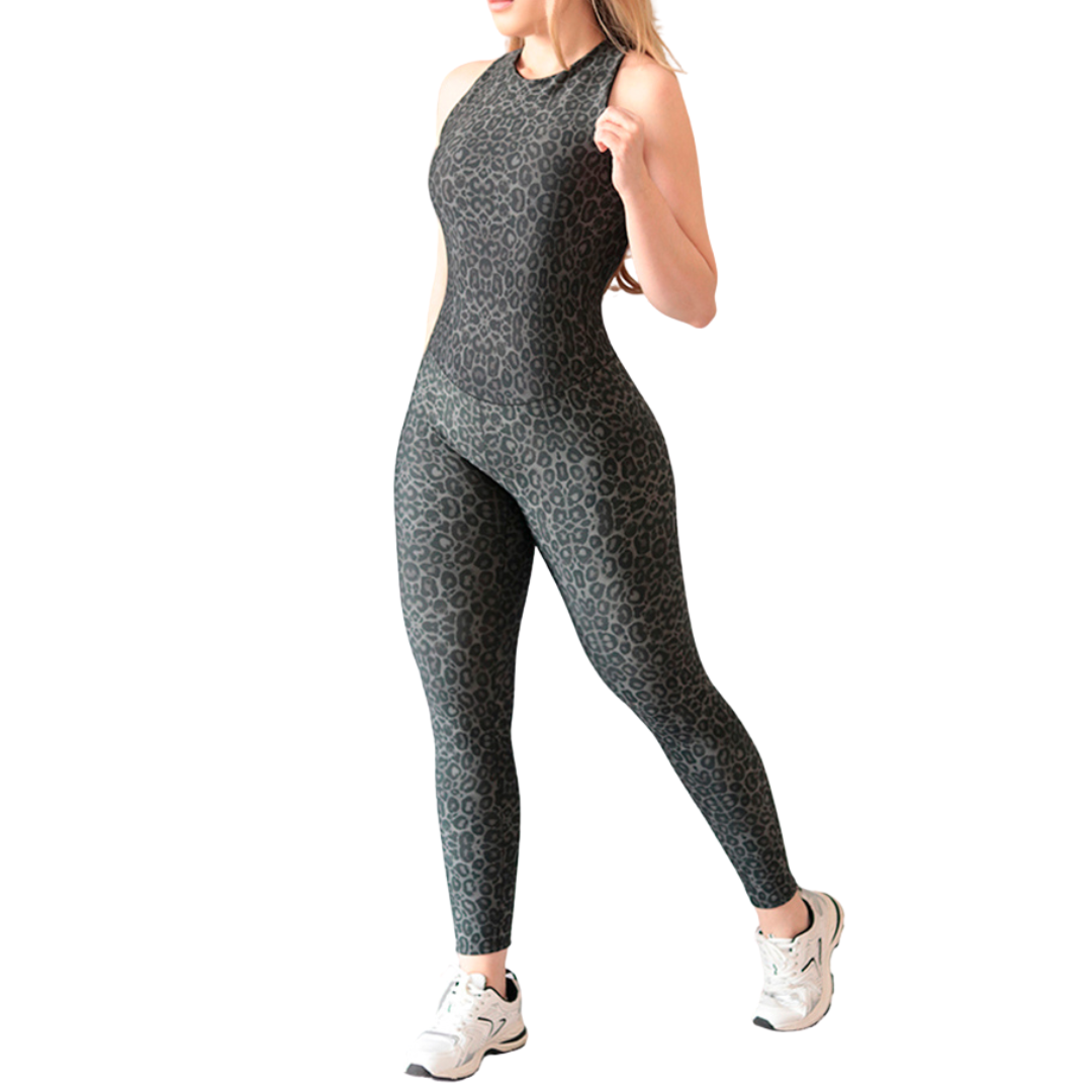 Enterizo Deportivo para Mujer Fitness: Efecto Basico, Con Tirantes, Transpirable conTextil Lycran Acabado Liso, Leopardo, Color Grisaceo | Adriana Olimpo