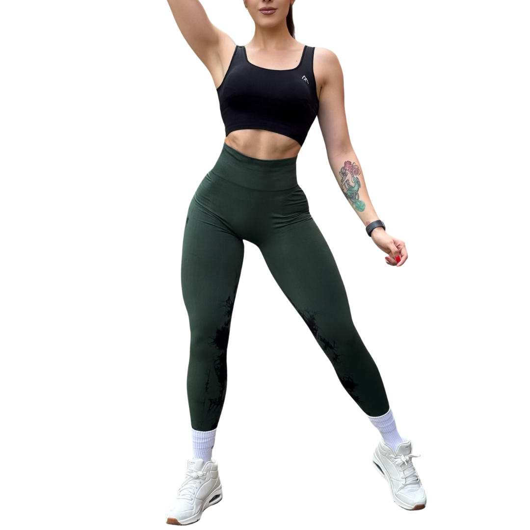 Leggings Deportivos Seamless de Compresión para Mujer Fitness: Glúteos Redondos, Vientre Plano y Cintura Definida | Push Up + Burbuja + Compresión Faja. Ultra Cómodos. Color olivo y negro | Adriana Olimpo
