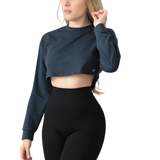 Blusa deportiva para mujer, manga larga, textil lycra transpirable con acabado liso. Color azul marino | Adriana Olimpo