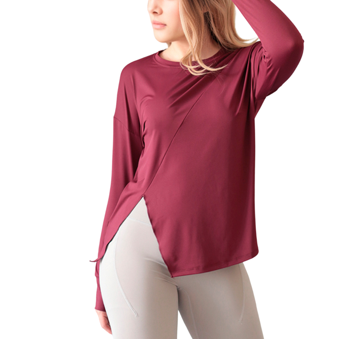 Blusa Deportiva para Mujer Fitness: Manga Larga, Textil Lycra Transpirable con Acabado Liso, Color Tinto | Adriana Olimpo.