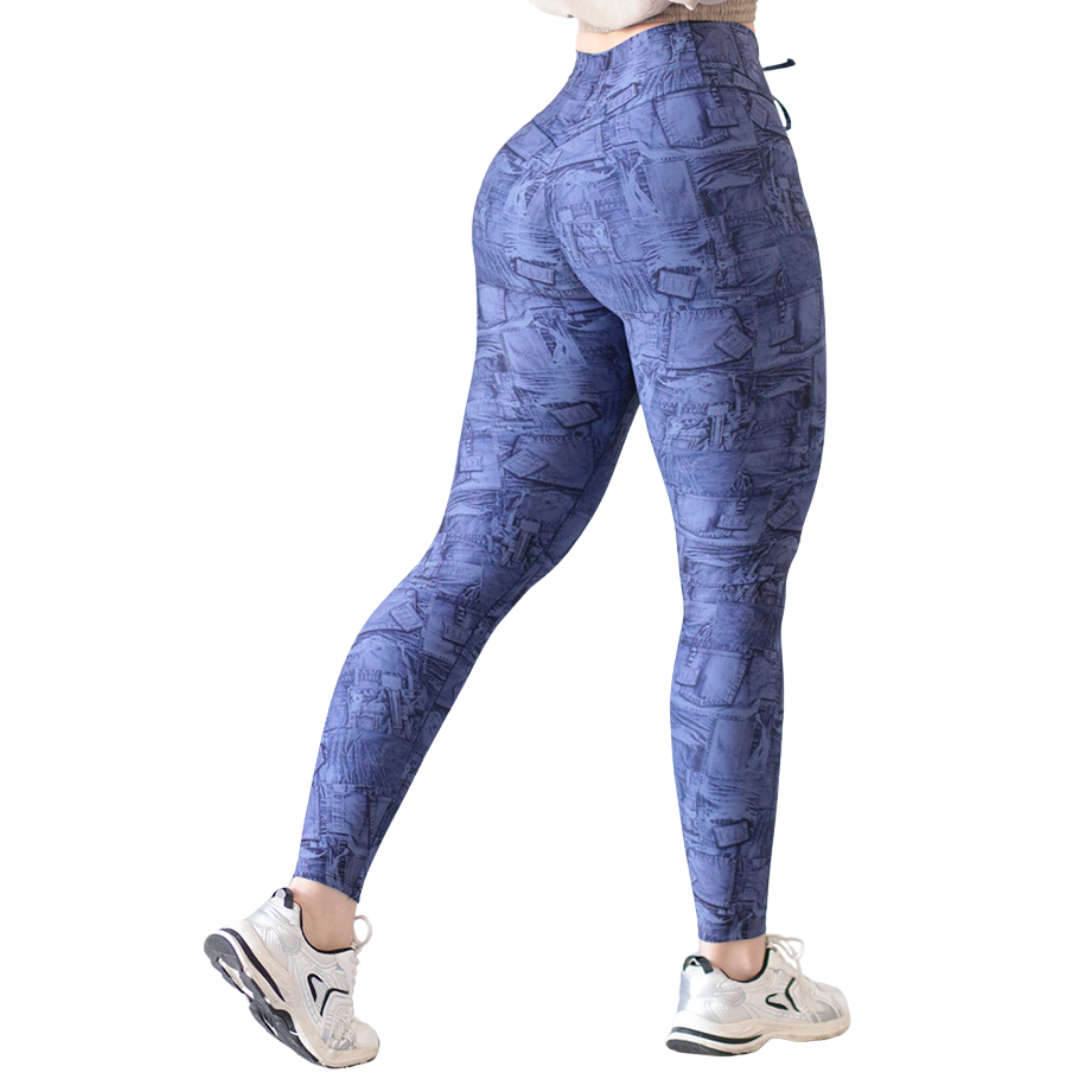 Leggings Deportivos para Mujer Fitness: Efecto Push Up, Cintura Alta, Textil Lycra Transpirable con Acabado Liso Parche, Color Azul Mezclilla | Adriana Olimpo