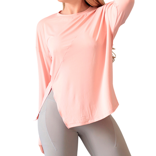 Blusa Deportiva para Mujer Fitness: Manga Larga, Textil Lycra Transpirable con Acabado Liso, Color Coral | Adriana Olimpo.