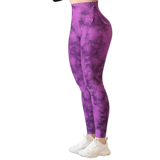 Leggings Deportivos para Mujer Fitness: Efecto Básico, Cintura Alta, Textil Lycra Transpirable con Acabado Liso Tie Dye, Color Morado | Adriana Olimpo
