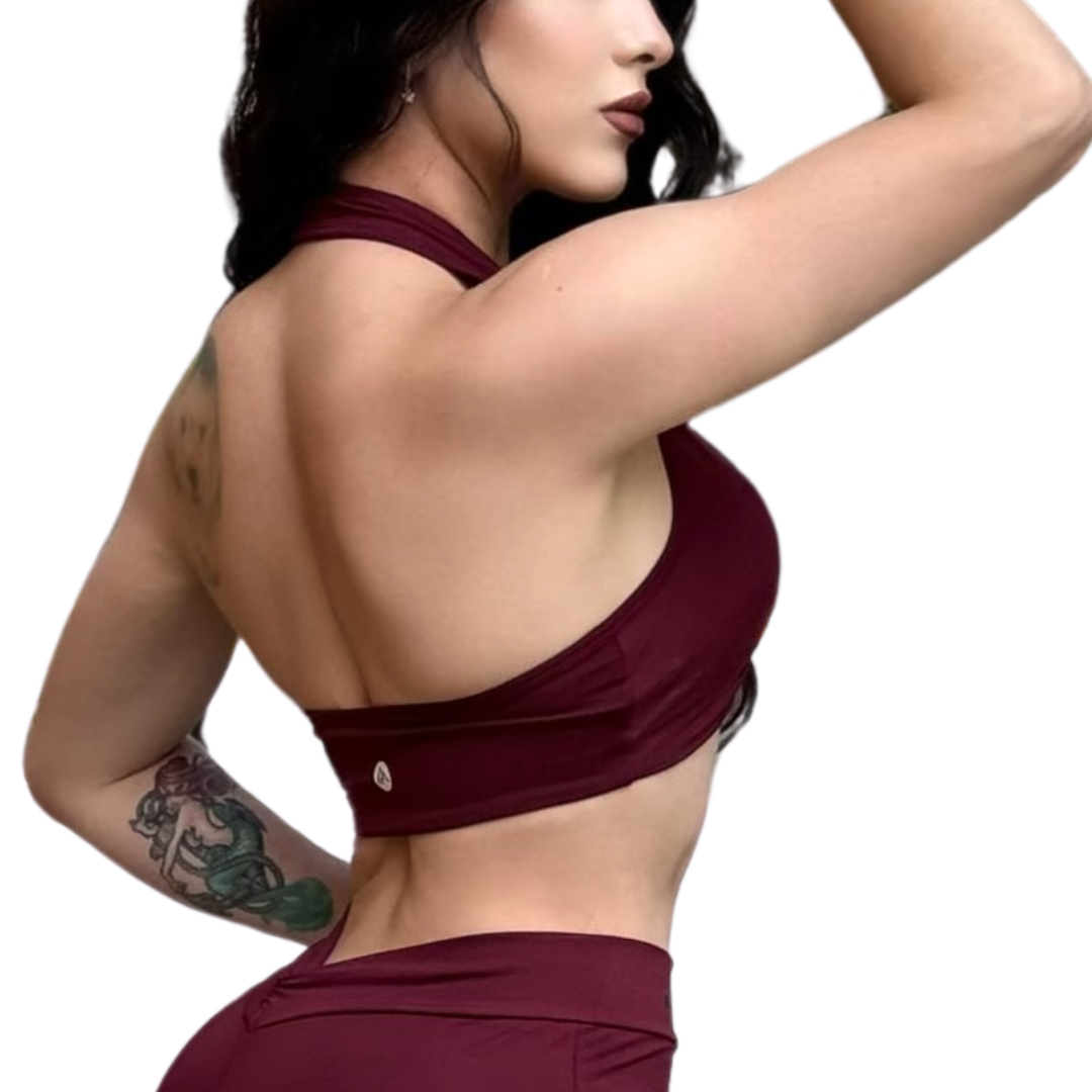 Top para Mujer Fitness: Twist Alto Impacto, Textil Liso, Transpirable, Color Tinto | Adriana Olimpo