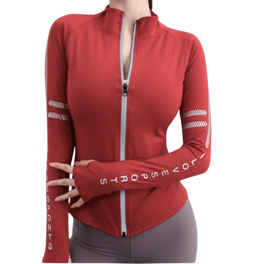 Chamarra deportiva para mujer, manga larga, textil lycra transpirable con acabado liso. Color rojoi | Adriana Olimpo
