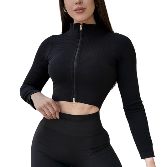 Chamarra Deportiva con Cierre Dínamico para Mujer Fitness: Manga Larga, Textil Lycra Transpirable con acabado Acanalado, Color Negro | Adriana Olimpo