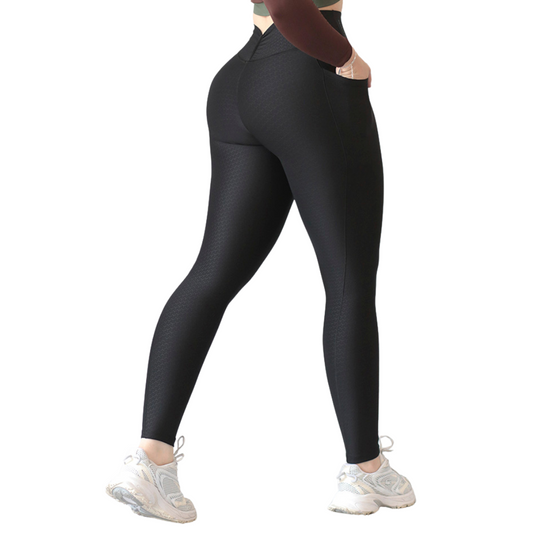 Leggings Deportivos para Mujer Fitness: Efecto Básico, Cintura Alta, Con Bolsillos Laterales, Textil Lycra Transpirable con Relieves de Rayos,  Color Negro | Adriana Olimpo