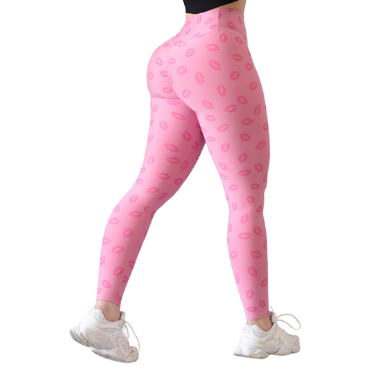 Leggings Deportivos para Mujer Fitness: Efecto Push Up, Cintura Alta, Textil Lycra Transpirable con Acabado Liso Besitos, Color Rosas | Adriana Olimpo