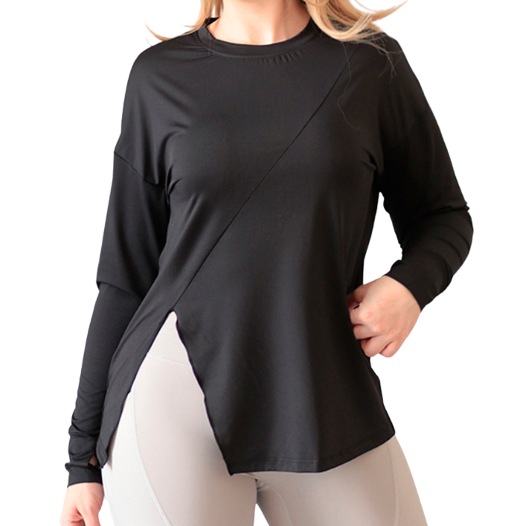 Blusa Deportiva para Mujer Fitness: Manga Larga, Textil Lycra Transpirable con Acabado Liso, Color Negro | Adriana Olimpo.