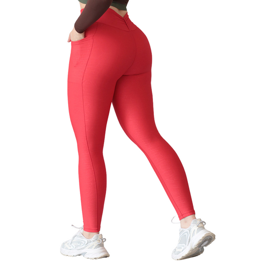 Leggings Deportivos para Mujer Fitness: Efecto Básico, Cintura Alta, Con Bolsillos Laterales, Textil Lycra Transpirable con Relieves Craquel, Color Rojo | Adriana Olimpo