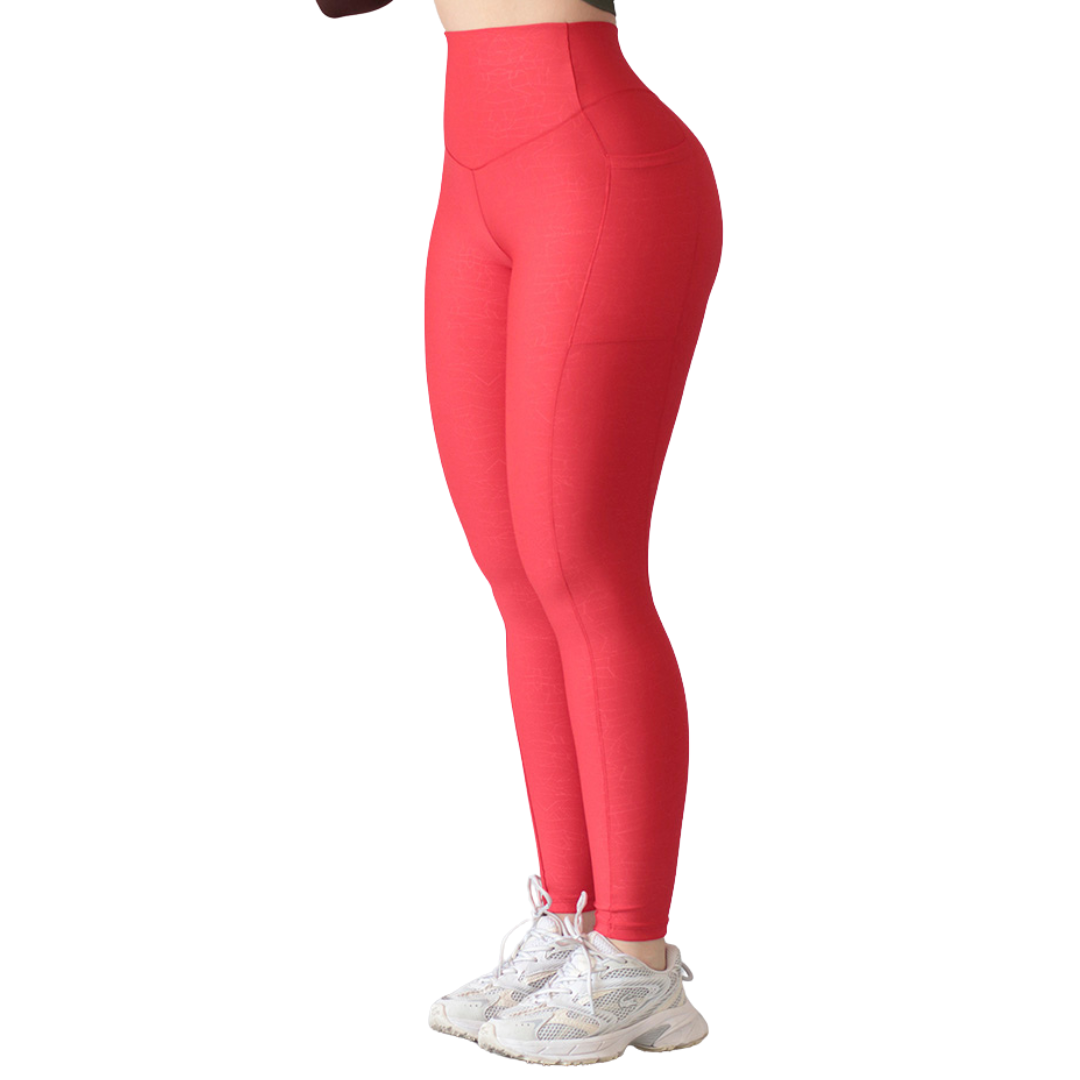 Leggings Deportivos para Mujer Fitness: Efecto Básico, Cintura Alta, Con Bolsillos Laterales, Textil Lycra Transpirable con Relieves Craquel, Color Rojo | Adriana Olimpo
