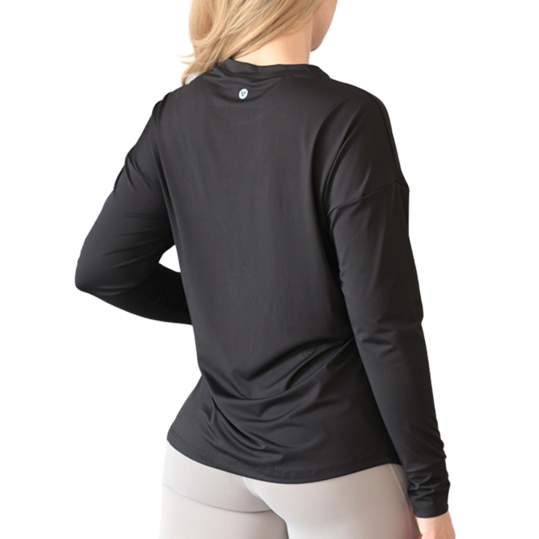 Blusa Deportiva para Mujer Fitness: Manga Larga, Textil Lycra Transpirable con Acabado Liso, Color Negro | Adriana Olimpo.