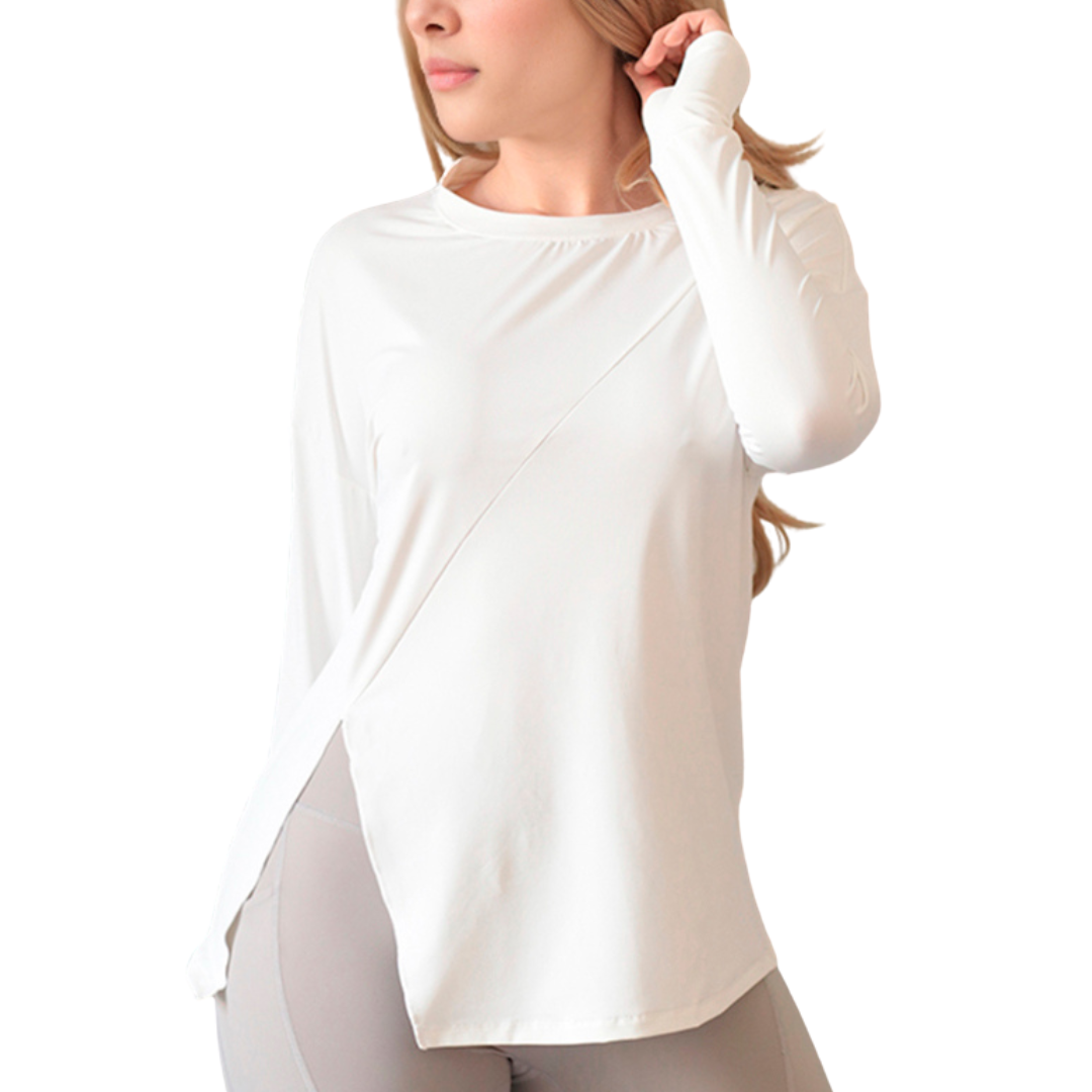 Blusa Deportiva para Mujer Fitness: Manga Larga, Textil Lycra Transpirable con Acabado Liso, Color Blanco | Adriana Olimpo.