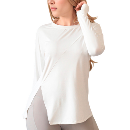 Blusa Deportiva para Mujer Fitness: Manga Larga, Textil Lycra Transpirable con Acabado Liso, Color Blanco | Adriana Olimpo.