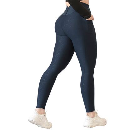 Leggings Deportivos para Mujer Fitness: Efecto Básico, Cintura Alta, Con Bolsillos Laterales, Textil Lycra Transpirable con Relieves de Rayos,  Color Azul | Adriana Olimpo