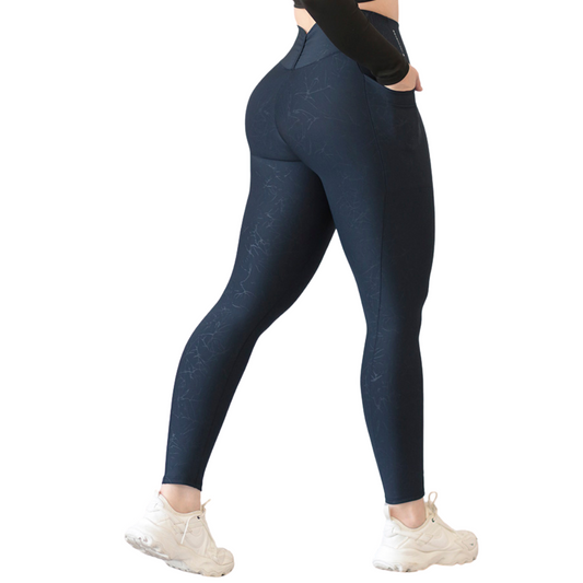 Leggings Deportivos para Mujer Fitness: Efecto Básico, Cintura Alta, Con Bolsillos Laterales, Textil Lycra Transpirable con Relieves de Rayos,  Color Azul | Adriana Olimpo