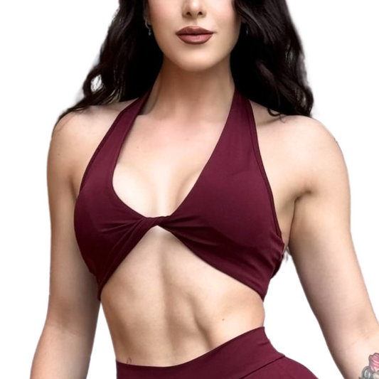Top para Mujer Fitness: Twist Alto Impacto, Textil Liso, Transpirable, Color Tinto | Adriana Olimpo