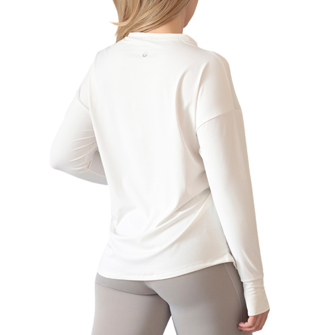 Blusa Deportiva para Mujer Fitness: Manga Larga, Textil Lycra Transpirable con Acabado Liso, Color Blanco | Adriana Olimpo.