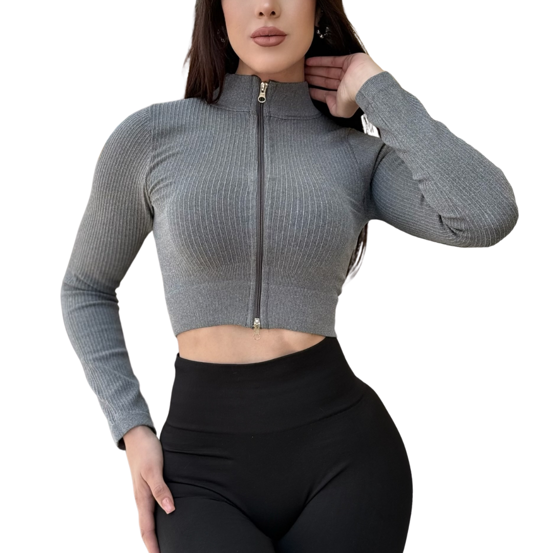 🔹 Chamarra deportiva manga larga | Transpirable, Relieves – gris