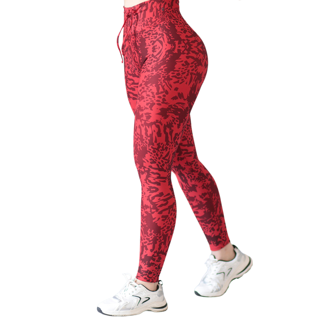 Leggings Deportivos para Mujer Fitness: Efecto Push Up, Cintura Alta, Textil Lycra Transpirable con Acabado Liso Atigrado, Color Rojo | Adriana Olimpo