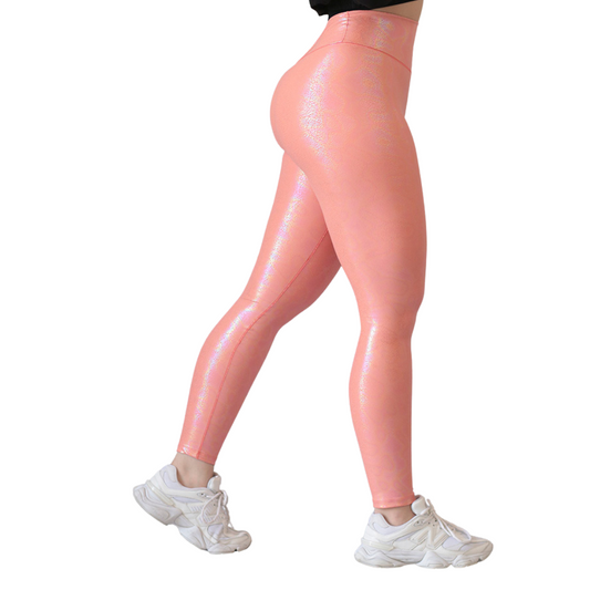 Leggings Deportivos para Mujer Fitness:  Efecto Push Up, Cintura Alta, Textil Lycra Transpirable con Destellos Reflectantes✨ y Relieves Tornasol, Color Melón | Adriana Olimpo