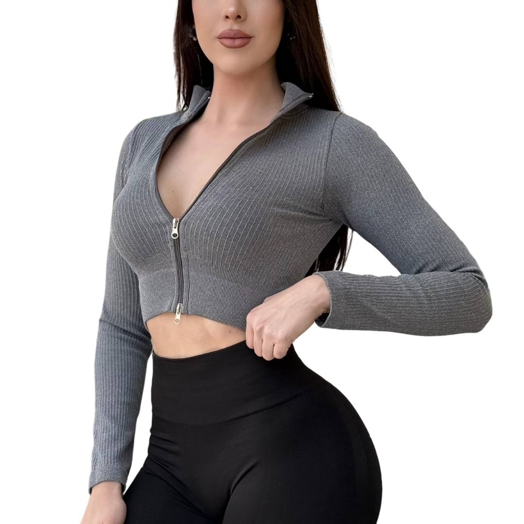 🔹 Chamarra deportiva manga larga | Transpirable, Relieves – gris