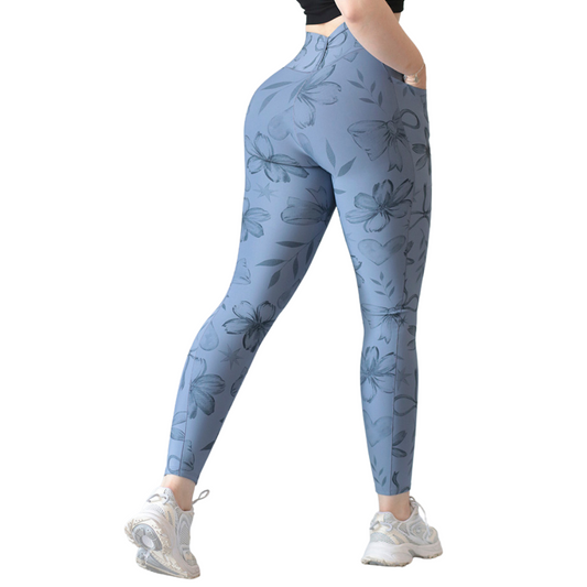 Leggings Deportivos para Mujer Fitness: Efecto Básico, Cintura Alta, Con Bolsillos Laterales, Textil Lycra Transpirable con Acabado Liso Flor, Color Azul | Adriana Olimpo