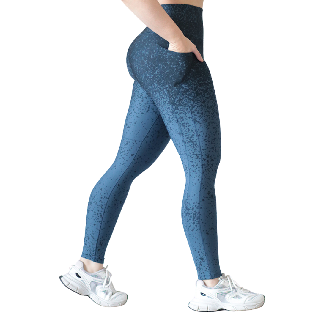 Leggings Deportivos para Mujer Fitness: Efecto Básico, Cintura Alta, Con Bolsillos Laterales, Textil Lycra Transpirable con Acabado Liso Puntos Degradados, Color Azul| Adriana Olimpo