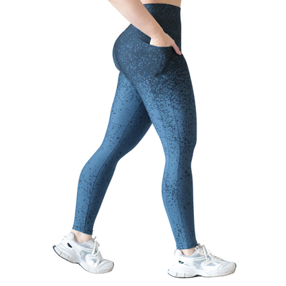 Leggings Deportivos para Mujer Fitness: Efecto Básico, Cintura Alta, Con Bolsillos Laterales, Textil Lycra Transpirable con Acabado Liso Puntos Degradados, Color Azul| Adriana Olimpo