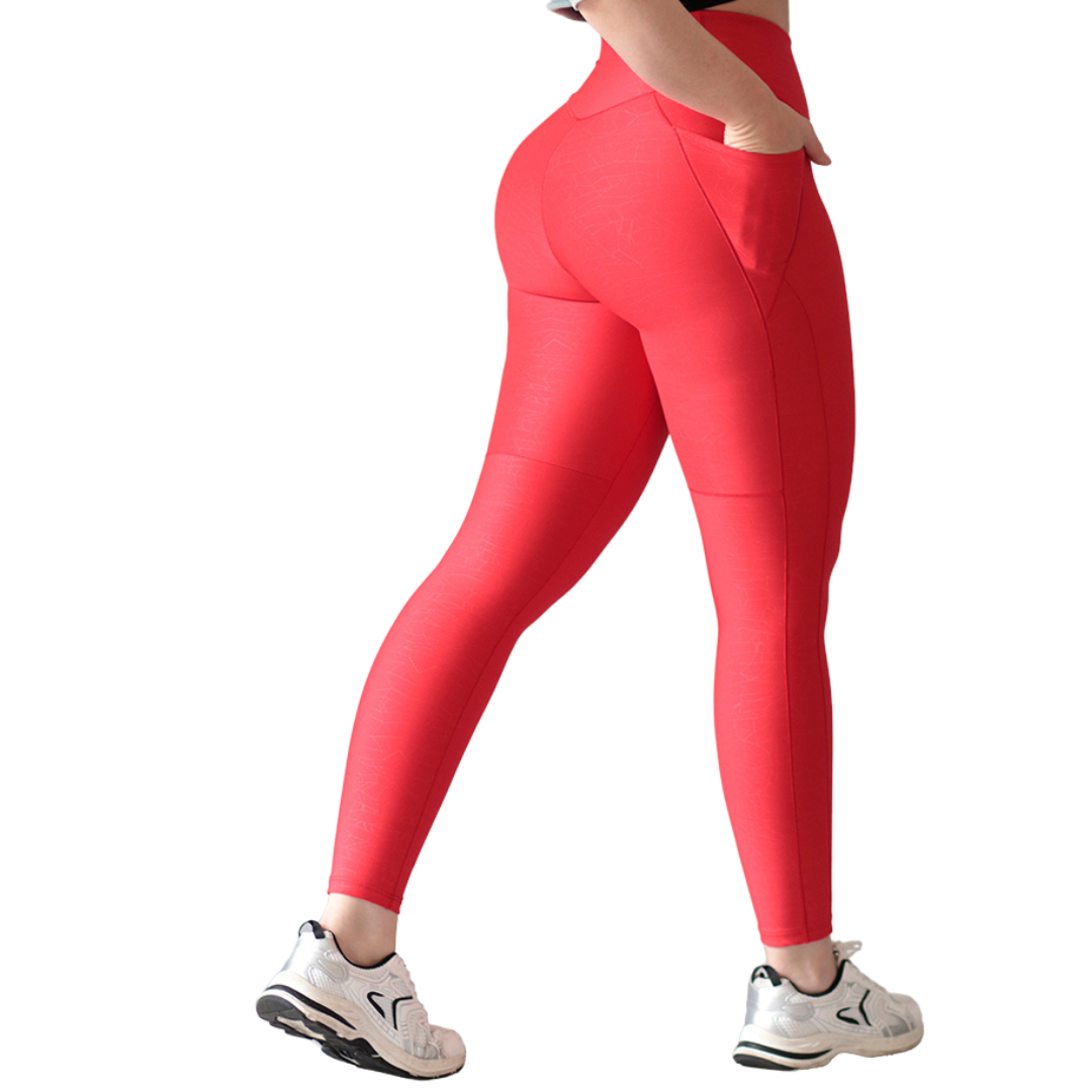 Leggings Deportivos para Mujer Fitness: Efecto Básico, Cintura Alta, Con Bolsillos Laterales, Textil Lycra Transpirable con Relieves Craquel, Color Roja | Adriana Olimpo