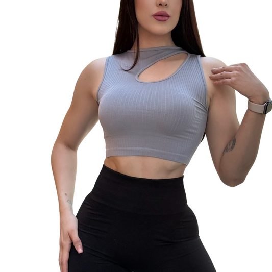 Blusa Sin Manga Deportiva para Mujer Fitness: Ajuste perfecto, Textil Lycra Transpirable con Acabado de Relieves Líneas, Color Plata | Adriana Olimpo