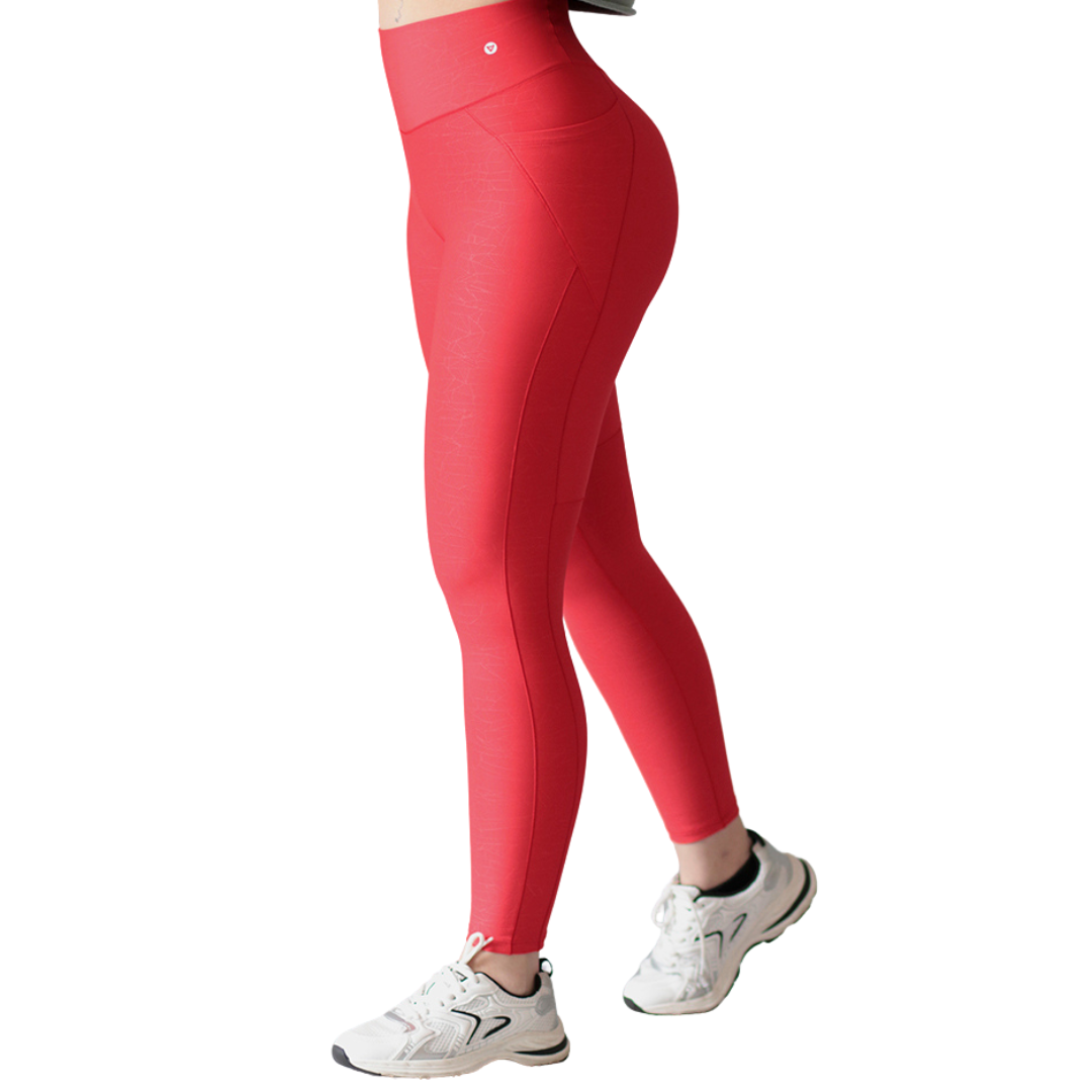 Leggings Deportivos para Mujer Fitness: Efecto Básico, Cintura Alta, Con Bolsillos Laterales, Textil Lycra Transpirable con Relieves Craquel, Color Roja | Adriana Olimpo