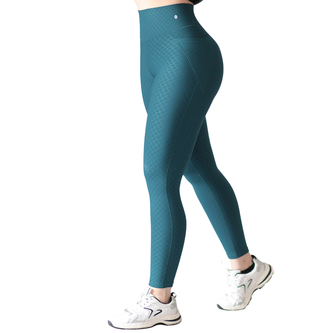 Leggings Deportivos para Mujer Fitness: Efecto Básico, Cintura Alta, Con Bolsillos Laterales, Textil Lycra Transpirable  con Destellos Reflectantes✨ y Relieves Sirena, Color Azul Oceano| Adriana Olimpo