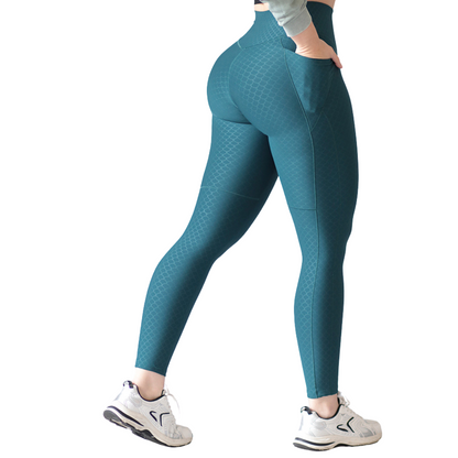 Leggings Deportivos para Mujer Fitness: Efecto Básico, Cintura Alta, Con Bolsillos Laterales, Textil Lycra Transpirable  con Destellos Reflectantes✨ y Relieves Sirena, Color Azul Oceano| Adriana Olimpo