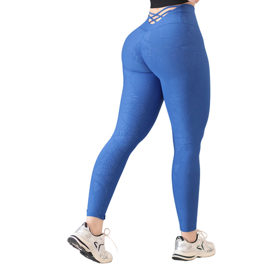 Leggings Deportivos para Mujer Fitness:  Efecto Push Up, Cintura Alta, Textil Lycra Transpirable con Relieves Multiprint, Color Azul | Adriana Olimpo