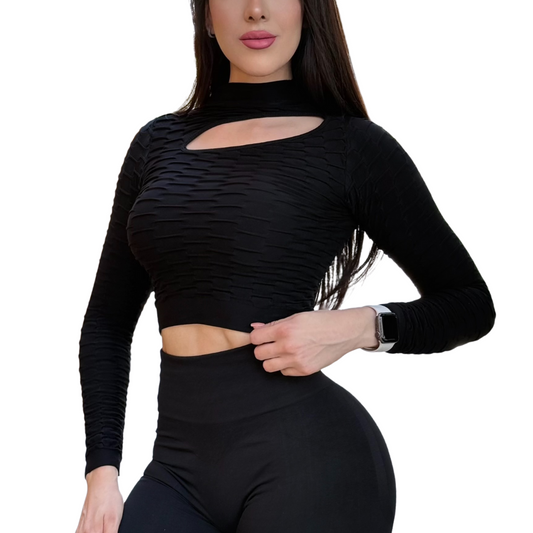 Blusa Deportiva para Mujer Fitness: Manga Larga, Cuello Alto con Escote Textil Lycra Transpirable Corrugado, Color Negro | Adriana Olimpo