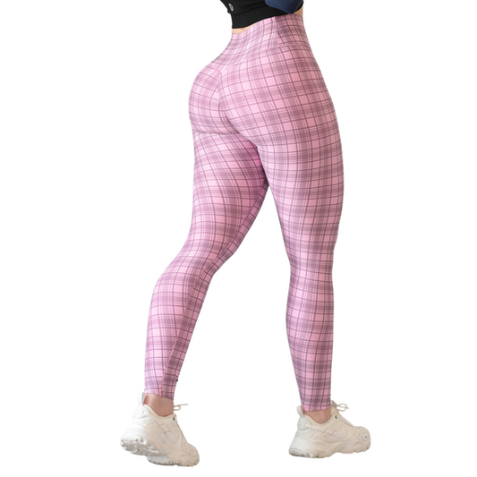 Leggings Deportivos para Mujer Fitness: Efecto Push Up, Cintura Alta, Textil Lycra Transpirable con Acabado Liso Cuadros, Color Rosa | Adriana Olimpo
