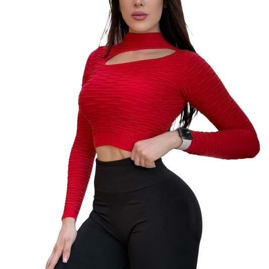 Blusa Deportiva para Mujer Fitness: Manga Larga, Cuello Alto con Escote Textil Lycra Transpirable Corrugado, Color Cereza | Adriana Olimpo