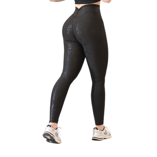Leggings Deportivos para Mujer Fitness:  Efecto Push Up, Cintura Alta, Textil Lycra Transpirable con Destellos Reflectantes ✨ y Relieves de Print, Color Negro | Adriana Olimpo