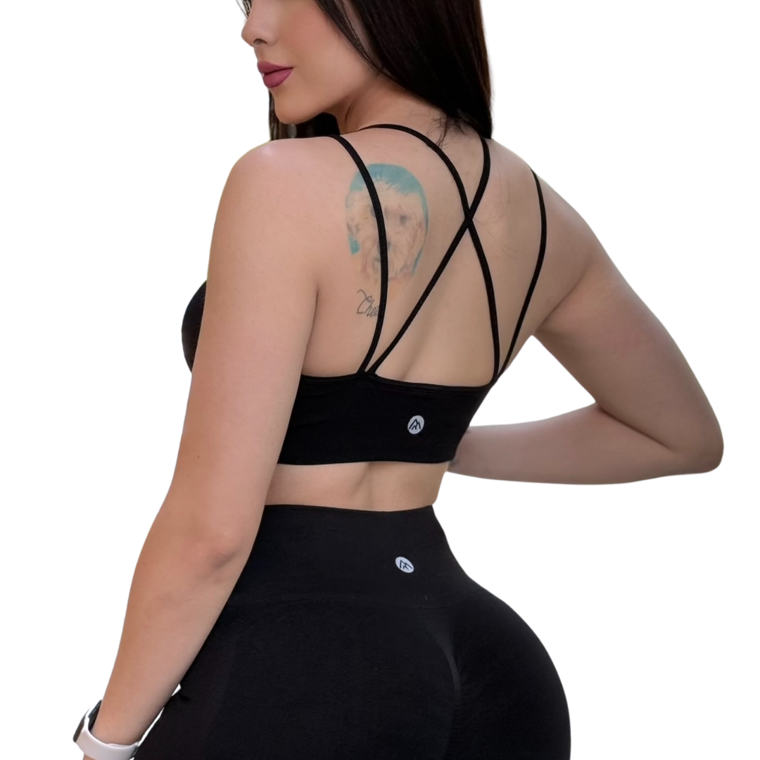 Top para Mujer Fitness: Copas Removilbles, Soporte Medio, Textil Liso Transpirable, Color Negro  | Adriana Olimpo