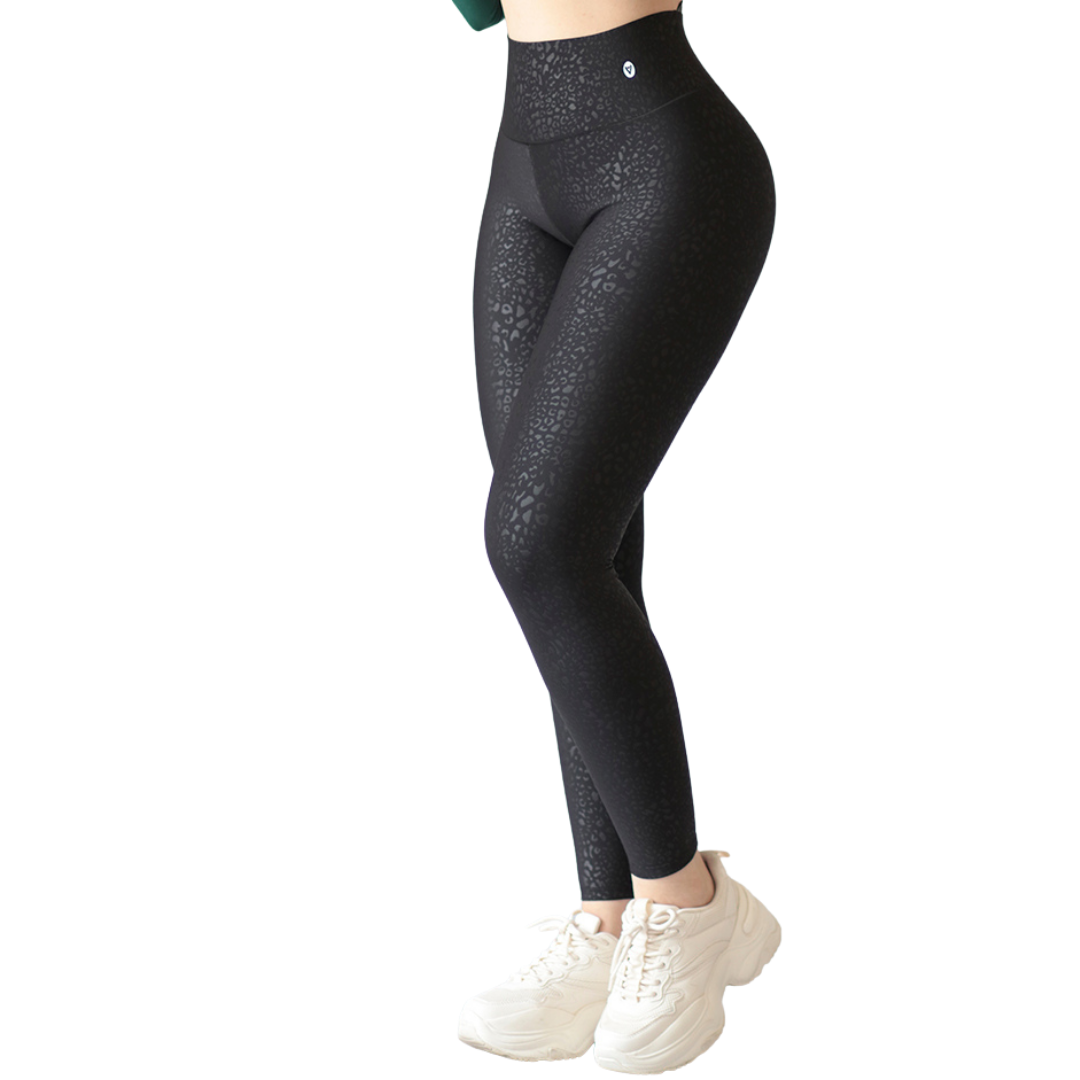 Leggings Deportivos para Mujer Fitness: Efecto Push Up, Cintura Alta, Textil Lycra Transpirable Texturizado con Relieves Mini print , Color Negro | Adriana Olimpo