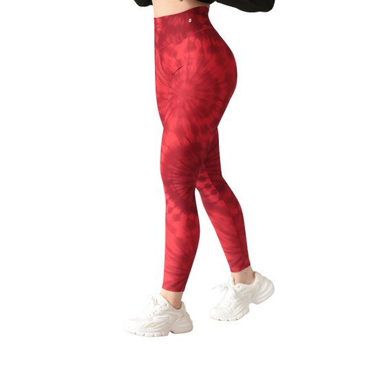 Leggings deportivos supplex para mujer, efecto push up con cintura alta, textil lycra transpirable con acabado liso tie day. Color rojo | Adriana Olimpo
