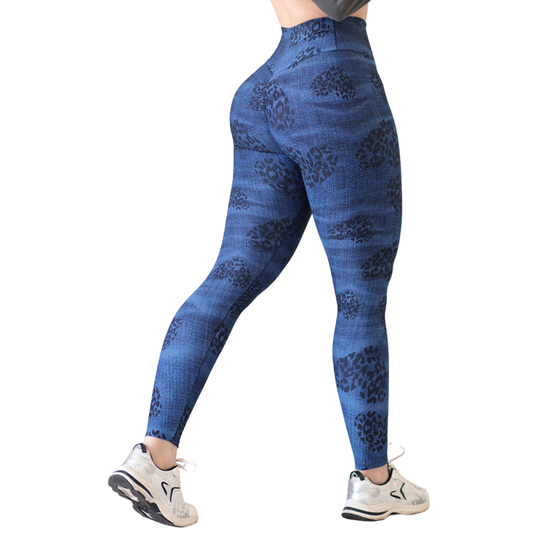 Leggings Deportivos para Mujer Fitness: Efecto Push Up, Cintura Alta, Textil Lycra Transpirable con Acabado Liso Mezclilla Corazoncito, Color Azul | Adriana Olimpo
